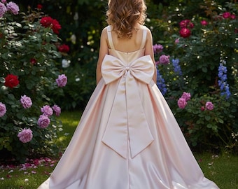 Blumenmädchen Kleid aus Satin | Bodenlanges Kleid mit Schleife für Hochzeiten, Geburtstage, Kommunion