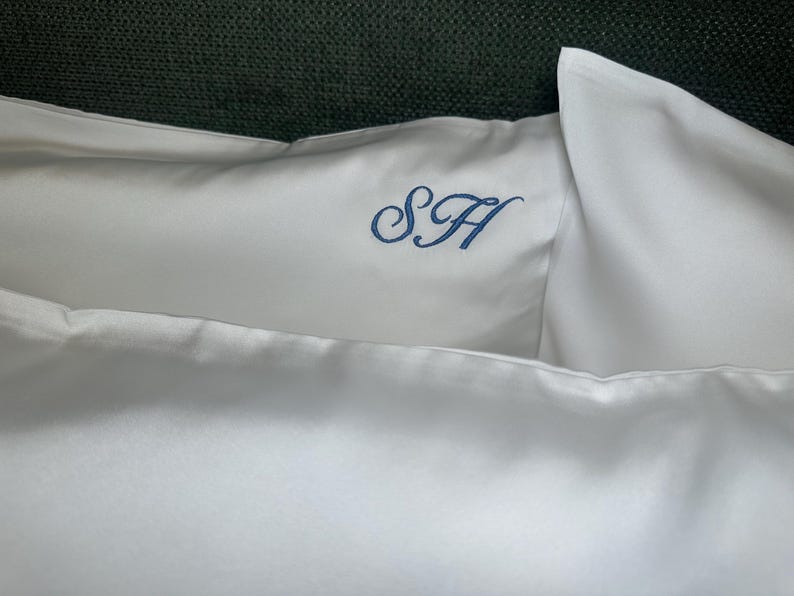 Embroidered Initial Silk Pillowcase 17. Denim