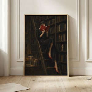 Dark Academia Library Wall Art, Woman Reading Poster, Literary Artwork, Vintage Book Lover Decor, Moody Library Print, Reader Gift