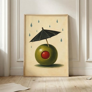 Olive Umbrella Wall Art, Funny Kitchen Poster, Whimsical Olive Artwork, Martini Decor, Minimalist Food Illustration, Modern Printable Art