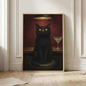 Svart katt Martini Bar Poster, Rolig Olivfärgad Katt Väggkonst, Vintage Cocktail Konsttryck, Stämningsfull Röd Lounge- och Hembardekor, Kattälskare Gåva
