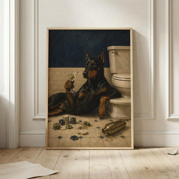 Doberman Martini Poster, Funny Bathroom Dog Wall Art, Casino Poker Art Print, Maximalist Cocktail Decor