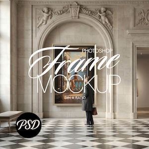 May include: A framed painting mockup in a museum setting. The image features a person standing in front of a large framed painting. The text "Frame Mockup" is overlaid on the image. The floor has a black and white checkered pattern.