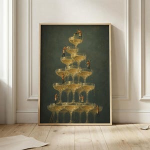 May include: A vertical art print featuring a tall, stacked pyramid of clear glass champagne coupes against a dark, muted background. Tiny figures in light-colored clothing are positioned on and around the glasses, using ladders to pour liquid.