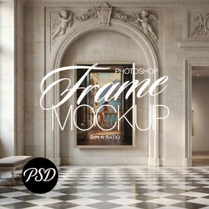 May include: A framed art mockup with the text "Frame Mockup" in a decorative font. The image features a painting of a woman on a balcony overlooking a body of water. The scene is set in a room with a checkered floor.