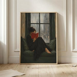 Rainy Window Reading Wall Art, Moody Book Lover Print, Literary Artwork, Cozy Reader Decor, Dark Academia Poster, Feminine Home Decor