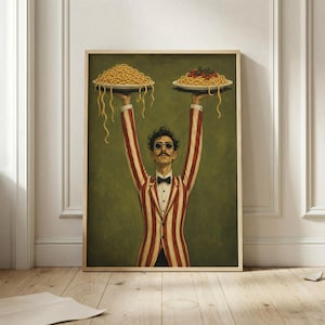 Rolig pastaservitörskonsttryck, italiensk köksväggdekor, vintage surrealistisk mataffisch, udda restaurangkonstverk, maximalistisk matsal