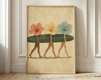 May include: A vertical art print featuring three figures with human legs and hibiscus flower heads in shades of peach, yellow, and light blue. The figures are walking in a line while carrying a long, dark green surfboard horizontally.