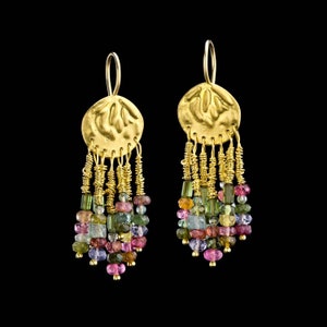 Exclusive Vintage Style Stunning Rich Colorful 22K So Gold Mobile Chandelier Earrings with Hanging Tourmalines in Different Shape And Color