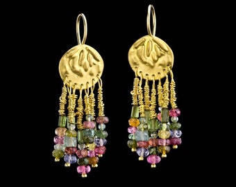 Exclusive Vintage Style Stunning Rich Colorful 22K So Gold Mobile Chandelier Earrings with Hanging Tourmalines in Different Shape And Color