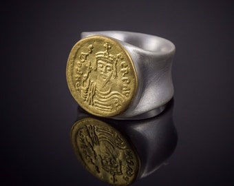 Ancient Coin Signet Ring,22k solid gold coin on opening sterling silver ring, Statement Ring, Unisex Ring, Fine Jewelry, Handmade. Resizable