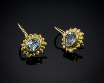 22k Solid Gold Sun Flower Earrings with Aquamarine, March Birthstone, Ancient Stone Setting Technique, Fine Jewelry
