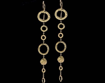 18k Solid Gold Baumeln Ohrringe, Zarte Mobile 18k Solid Gold Gehämmert Creolen an Ketten Ohrringe, Fine Jewelry