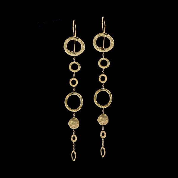 18k Solid Gold Dangle Earrings, Delicate Mobile 18k Solid Gold Hammered Hoops on Chain Earrings, Fine Jewelry