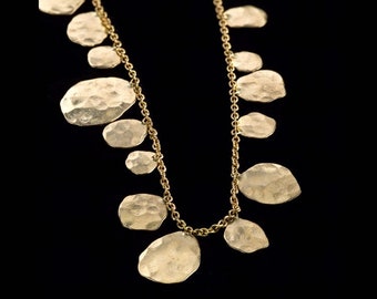 18k solid Gold Necklace,Falling Leaves Necklace, Rich Different Sized 18k Solid Gold Hammered Leavs Necklace, Fine Jewelry.