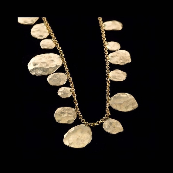 18k solid Gold Necklace,Falling Leaves Necklace, Rich Different Sized 18k Solid Gold Hammered Leavs Necklace, Fine Jewelry.
