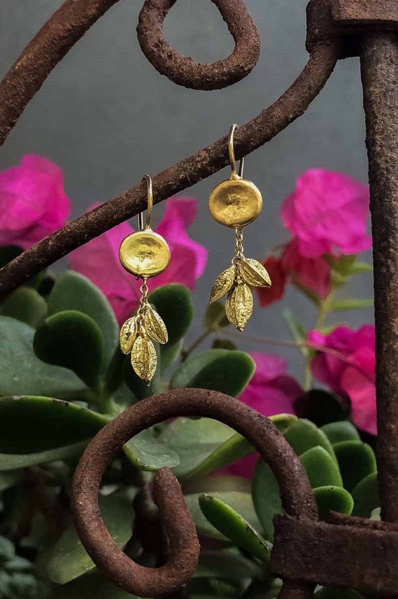 18k Solid Gold Earrings,Cluster Of 18k Gold Seeds Hanging From 18k Gold Top,Fine Jewelry,Natural Design in Gold,Handmade. image 4