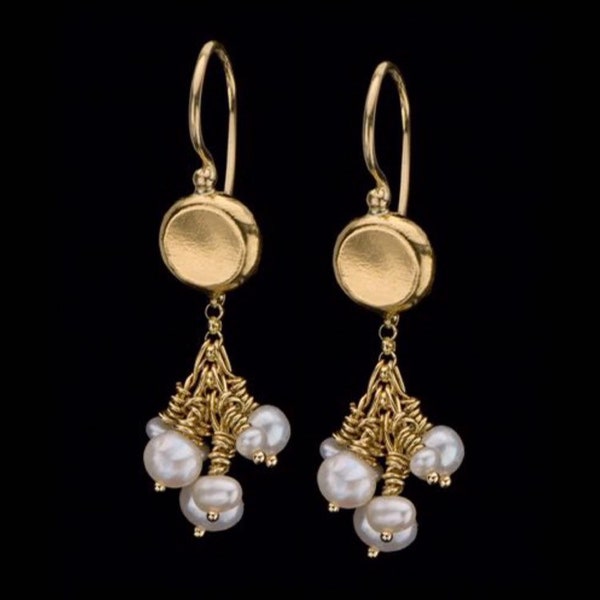 Delicate Cluster of Pearls Hanging from 22k Solid Gold Top Earrings, June Birthstone earrings, Chandelier Earrings, Bridal Earrings