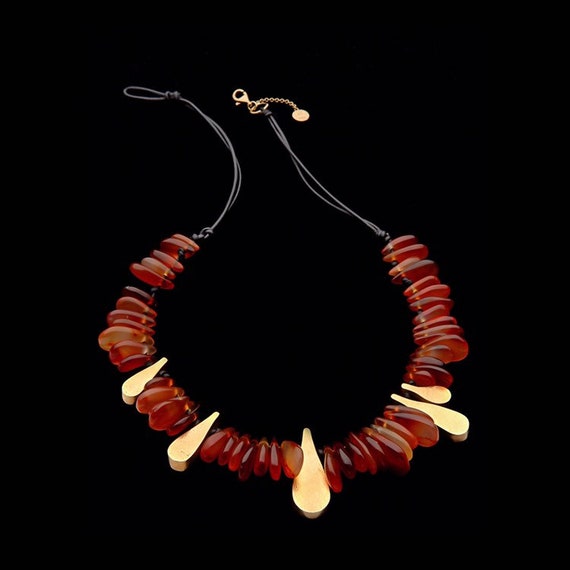 OOAK Necklace, Unique Carnelian Drops, Gold Leaves on Leather Lace - Main Image