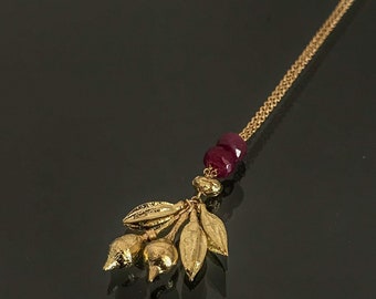 Ruby & 18k solid gold seed pods cluster on 18k gold chain, handmade fine jewelry, nature in gold necklace.