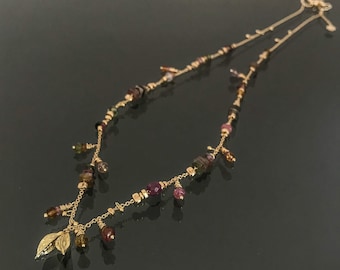 multi color tourmaline dancing with 18k solid gold seed pods & chain necklace, handmade fine jewelry.