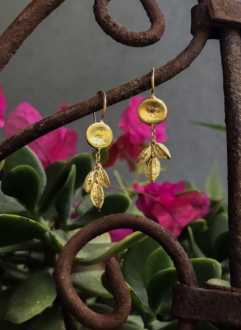 18k Solid Gold Earrings,Cluster Of 18k Gold Seeds Hanging From 18k Gold Top,Fine Jewelry,Natural Design in Gold,Handmade. image 5