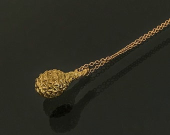 18k solid gold baby pine cone pendant on 18k gold chain, handmade fine jewelry, nature in gold.