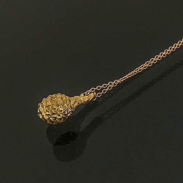 18k solid gold baby pine cone pendant on 18k gold chain, handmade fine jewelry, nature in gold.