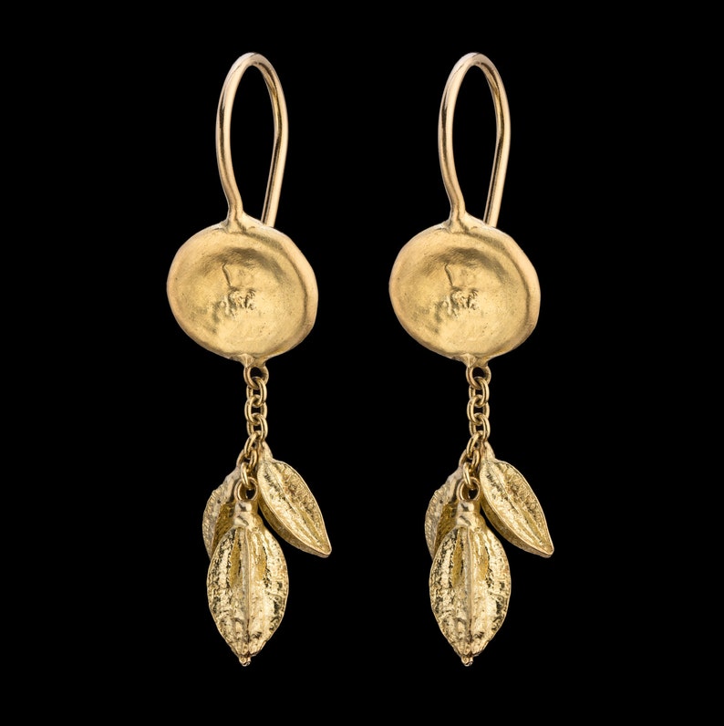 18k Solid Gold Earrings,Cluster Of 18k Gold Seeds Hanging From 18k Gold Top,Fine Jewelry,Natural Design in Gold,Handmade. image 1