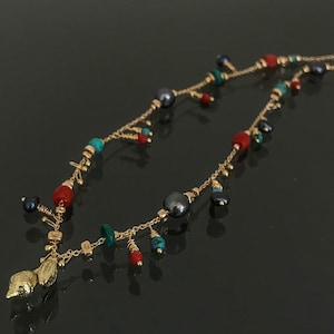 Corals, Turquoise & black pearls dancing with 18k solid gold necklace, handmade fine jewelry.