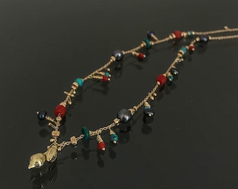 Corals, Turquoise & black pearls dancing with 18k solid gold necklace, handmade fine jewelry.