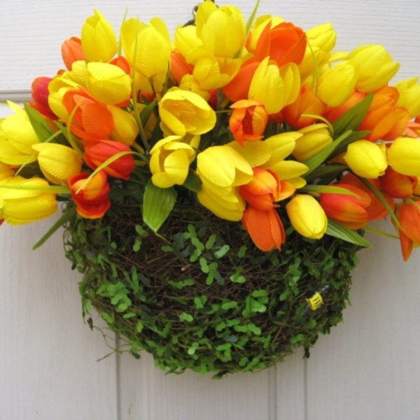 Spring Door Decor, Spring Wreath, Tulip Wreath, Yellow Tulips, Orange Spring Tulips, Orange Wreath, Front Door Wreath Alternative