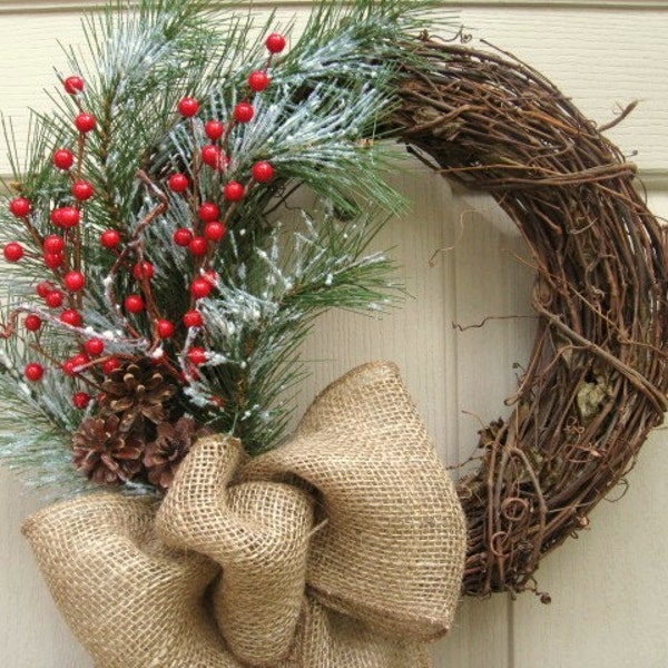 Door Wreath with Pine, Red Berries, Pinecones and Burlap - Christmas Wreath - Winter Wreath - Christmas Decoration - Rustic Holiday Wreath