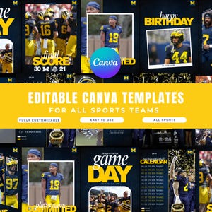 May include: A collection of editable Canva templates for sports teams. The templates feature football players in blue and yellow uniforms, game day graphics, and a birthday card design. Text includes "Game Day" and "Final Score".