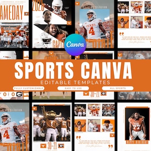 May include: A collection of editable sports templates with a burnt orange and white color scheme. The templates feature football players, team logos, and the text "SPORTS CANVA EDITABLE TEMPLATES". The Canva logo is also visible.