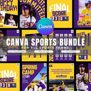 以下が含まれることがあります： 黄色と紫色の配色が施されたCanva Sports Bundleのグラフィック。野球選手、試合のスコア、「Final Score」や「Spring Camp」などのテキストが含まれています。 Canvaのロゴが目立つように表示されています。