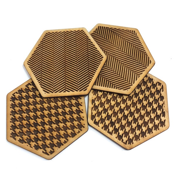 Houndstooth & Herringbone Engraved Wooden Coasters
