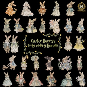 Puede incluir: Colección de ilustraciones de conejos de Pascua en acuarela, con diferentes atuendos, incluyendo vestidos, abrigos y trajes. El texto "Easter Bunnies Embroidery Bundle" se muestra en el centro, sobre un fondo negro.