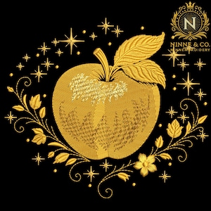 May include: Gold embroidered apple design on a black background. The apple has leaves and is surrounded by stars and floral elements. The design includes the text "Ninne & Co. Ninne Embroidery".