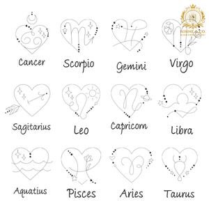 May include: A collection of twelve zodiac sign illustrations, each within a heart shape. The signs are Cancer, Scorpio, Gemini, Virgo, Sagittarius, Leo, Capricorn, Libra, Aquatius, Pisces, Aries, and Taurus, with delicate line art and accompanying text.
