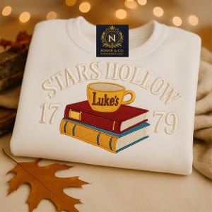 Embroidered Stars Holliow 1779 Sweatshirt, Embroidered Book Lover Hoodie, Fall Shirt, Fall Lover Gifts, Book and Coffee Crewneck