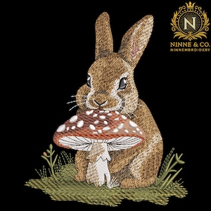 May include: An embroidered design featuring a brown rabbit holding a red and white mushroom. The rabbit is sitting on a patch of green grass, with additional green grass and the text "Ninne & Co. NinneEmbroidery" on a black background.
