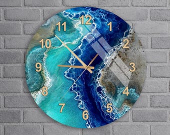 Ocean Wave Blue Teal Resin Art Tempered Glass Wall Clock - Coastal Beach House Decor Nautical Modern Home Gift