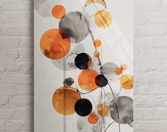 Abstrakcyjny wzór koła ze szkła hartowanego – dekoracja w stylu mid-century modern, duży minimalistyczny nadruk geometryczny, spalone pomarańczowe szare dekoracje ścienne do biura