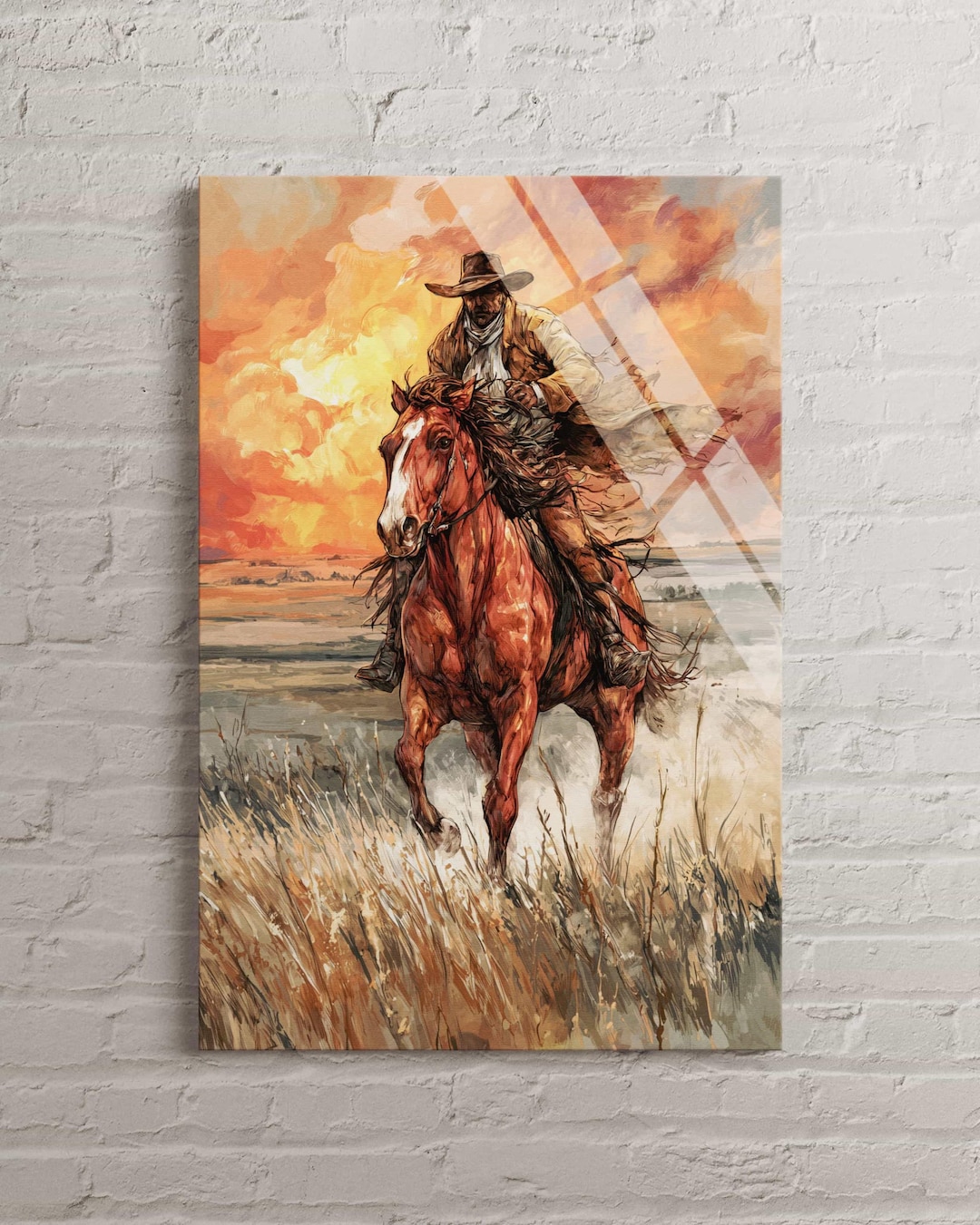 Cowboy Riding Horse Sunset Tempered Glass Wall Art, Wild West Landscape ...