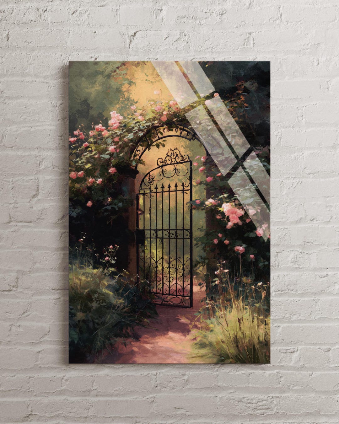 Secret Garden Gate Tempered Glass Wall Arts - Romantic Pink Rose Floral ...