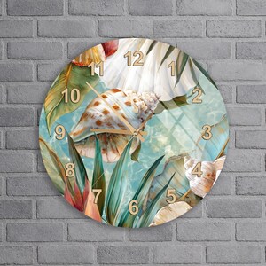 Tropical Seashell Coastal Art Tempered Glass Wall Clock, Vibrant Beach Decor for Home