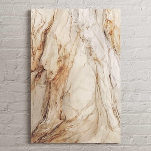 May include: A rectangular canvas with a marble design. The artwork features a blend of beige, cream, and brown tones, with intricate veining patterns. The overall effect is a natural, organic aesthetic, suitable for home decor.