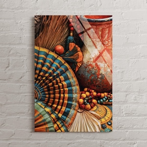 May include: A still life composition featuring a weathered orange and blue ceramic vase, a pleated fan with yellow and blue stripes, dried palm fronds, and a collection of multicolored wooden beads arranged in a dense, textured display.