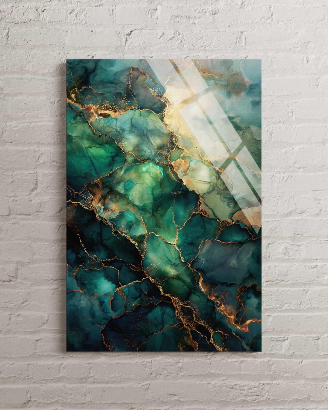 Emerald Green Gold Abstract Tempered Glass Wall Art, Modern Teal Marble ...